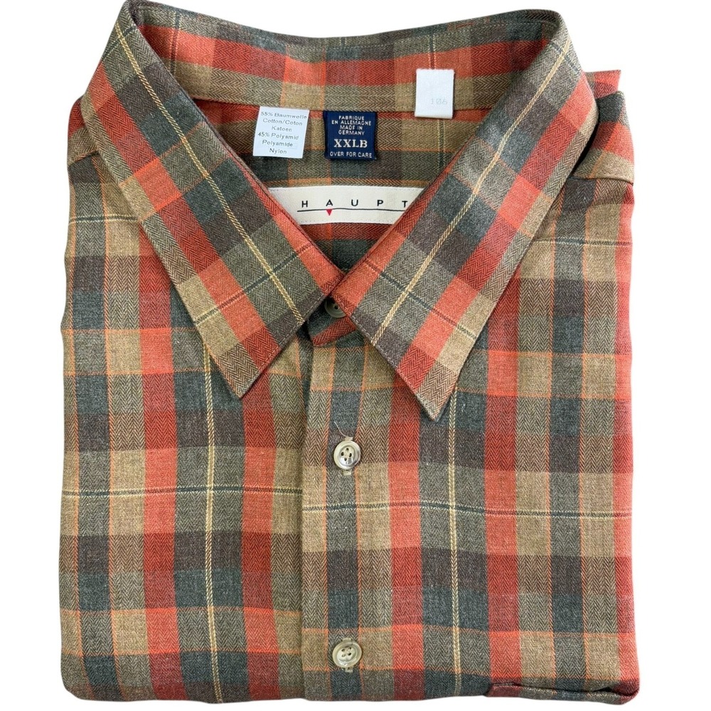 Haupt Long Sleeve Flannel Shirt Mens 2XL Big Orange Olive Tan Plaid Germany